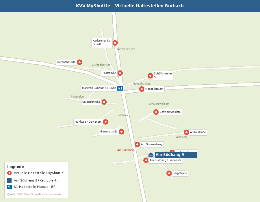 Karte der virtuellen KVV MyShuttle Haltestellen in Burbach mit Markierung Am Südhang 9